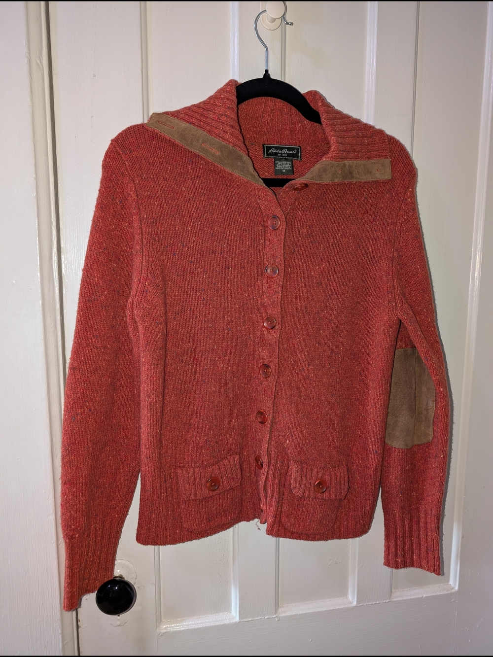 Eddie Bauer Wool Blend Cardigan Sweater M Rust Orange Suede Elbow Patch Button